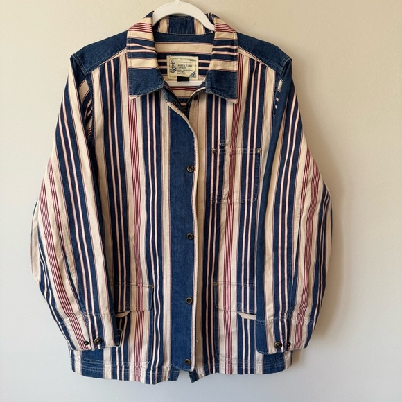 Ralph Lauren Jeans Company Striped Denim Jacket Zip Snap Red Cream Blue Large - Picture 1 of 6